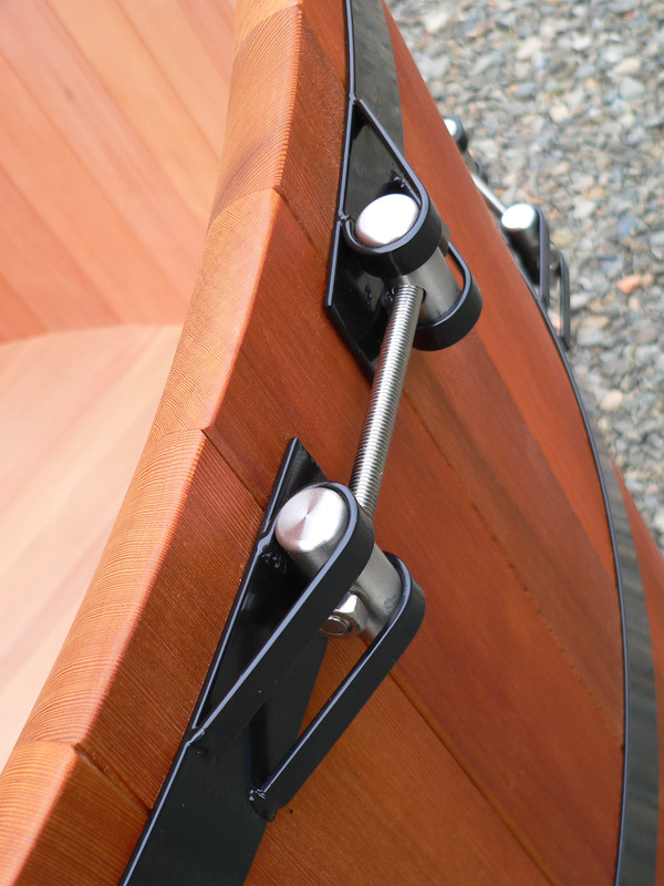 Closeup of the buckle on the hoop of a Lignum Hot Tub